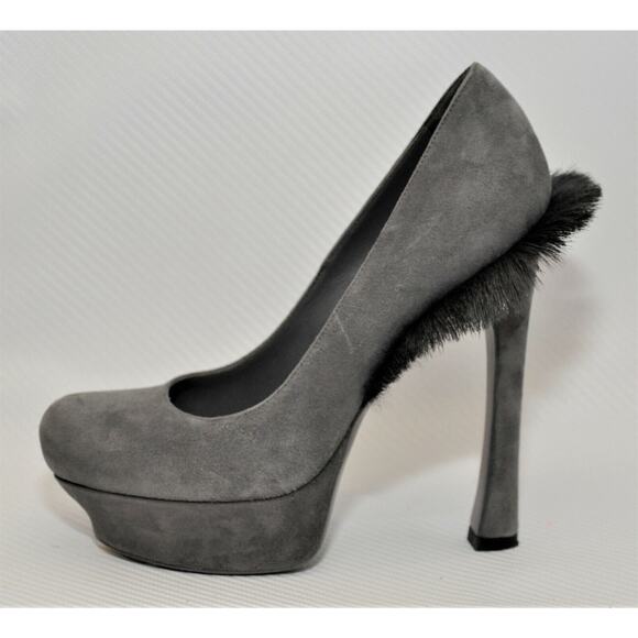 YSL Yves Saint Laurent Palais Mohawk Goat Fur Suede Platform Pump Gray 38/8 - Picture 6 of 11